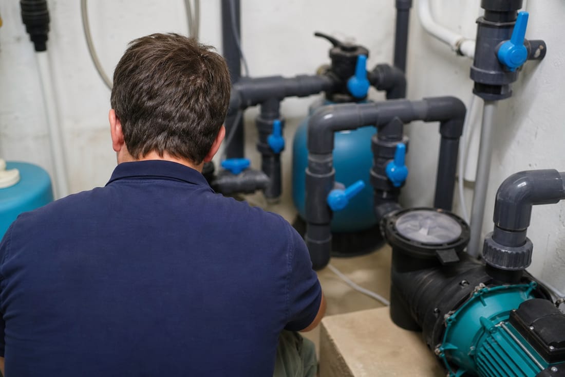 Exemple : technicien inspectant le local technique, vu de dos